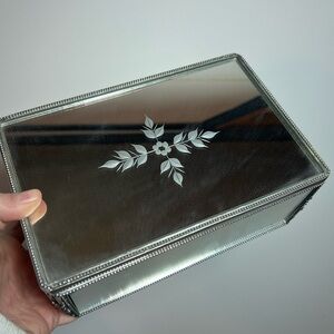 Vintage Style Mirrored Jewelry Box Silver Trinket Case